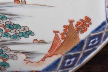 古民具・骨董　幕末明治期　鶴松　干し網に舟　色絵錦手皿2枚セット(和食器、菱形)