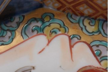 古民具・骨董　幕末明治期　鶴松　干し網に舟　色絵錦手皿2枚セット(和食器、菱形)