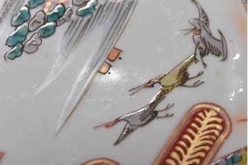 古民具・骨董　幕末明治期　鶴松　干し網に舟　色絵錦手皿2枚セット(和食器、菱形)