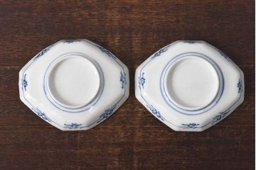 古民具・骨董　幕末明治期　鶴松　干し網に舟　色絵錦手皿2枚セット(和食器、菱形)