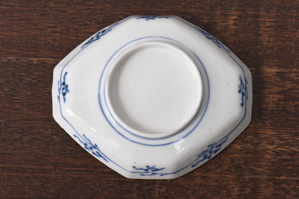 古民具・骨董　幕末明治期　鶴松　干し網に舟　色絵錦手皿2枚セット(和食器、菱形)