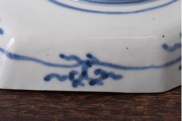 古民具・骨董　幕末明治期　鶴松　干し網に舟　色絵錦手皿2枚セット(和食器、菱形)