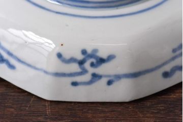 古民具・骨董　幕末明治期　鶴松　干し網に舟　色絵錦手皿2枚セット(和食器、菱形)