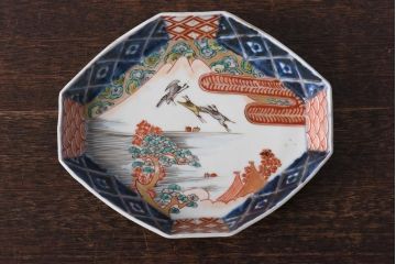 古民具・骨董　幕末明治期　鶴松　干し網に舟　色絵錦手皿2枚セット(和食器、菱形)(1)