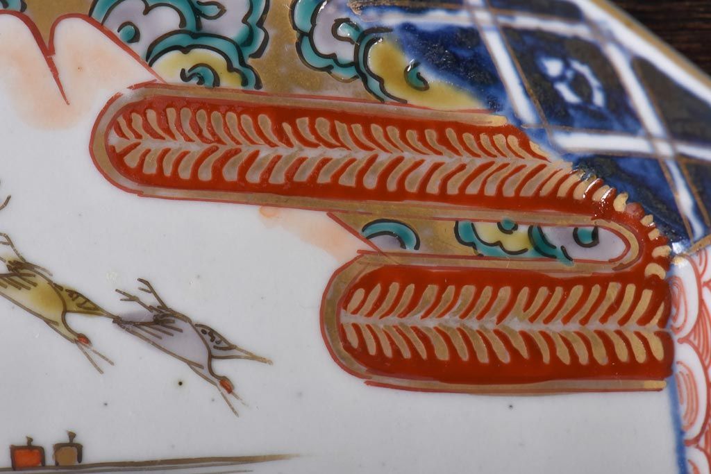 古民具・骨董　幕末明治期　鶴松　干し網に舟　色絵錦手皿2枚セット(和食器、菱形)(1)