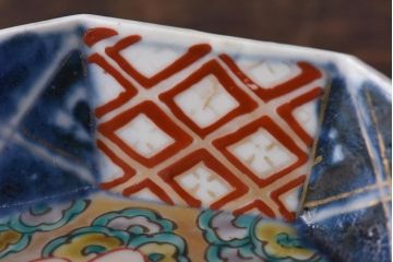 古民具・骨董　幕末明治期　鶴松　干し網に舟　色絵錦手皿2枚セット(和食器、菱形)(1)