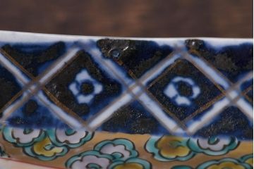 古民具・骨董　幕末明治期　鶴松　干し網に舟　色絵錦手皿2枚セット(和食器、菱形)(1)