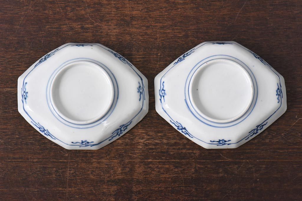 古民具・骨董　幕末明治期　鶴松　干し網に舟　色絵錦手皿2枚セット(和食器、菱形)(1)