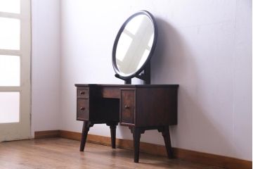アンティーク雑貨　中古　松本民芸家具　丸型一面鏡ドレッサー・#19型ラッシスツールセット(定価合わせて約43万円)
