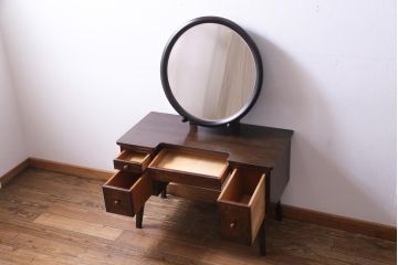 アンティーク雑貨　中古　松本民芸家具　丸型一面鏡ドレッサー・#19型ラッシスツールセット(定価合わせて約43万円)