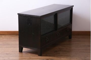 アンティーク家具　和製アンティーク　脚付きリメイク　黒檀　結霜ガラス入り　品の良いモダンなテレビボード(リビングボード)