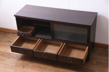 アンティーク家具　和製アンティーク　脚付きリメイク　黒檀　結霜ガラス入り　品の良いモダンなテレビボード(リビングボード)