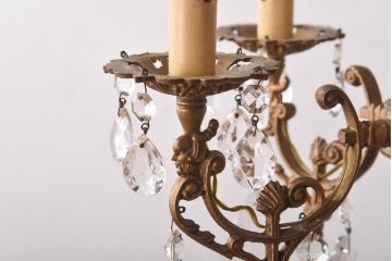 フランスビンテージ　青銅製　ゴージャスで凝ったデザインのガラスドロップシャンデリア(5灯、天井照明)