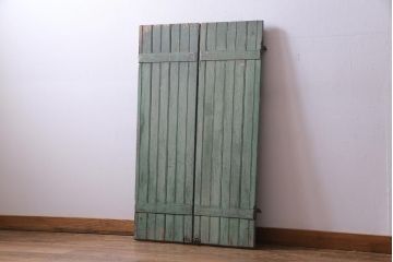 ジャンク品　フランスアンティーク　両開き　くすんだグリーンのペイントガーデンドア一対(親子ドア、木製ドア、ゲート、扉)