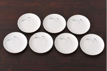 昭和初期　東洋陶器(東陶、トートー)　涼しげな鮎の図柄が風情あふれる小皿7枚セット(和食器)