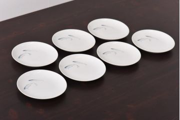 昭和初期　東洋陶器(東陶、トートー)　涼しげな鮎の図柄が風情あふれる小皿7枚セット(和食器)