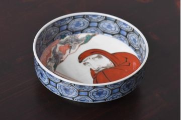 幕末明治期　鶴と達磨が描かれた色絵鉢(なます皿)