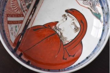 幕末明治期　鶴と達磨が描かれた色絵鉢(なます皿)