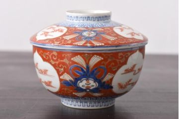 江戸期　大明成化年製　古伊万里　赤絵南蛮図染付　蓋茶碗2個セット(2)