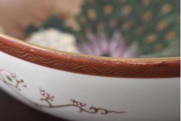 和製アンティーク　九谷焼　色絵　孔雀と牡丹の図　緻密な模様が目を引く鉢(和食器)(2)