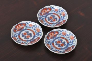 江戸期　大明成化年製　色絵染付　鮮やかな色調の小皿3枚セット(和食器)