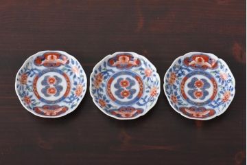 江戸期　大明成化年製　色絵染付　鮮やかな色調の小皿3枚セット(和食器)