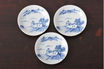 古民具・骨董　江戸期　大明年製　山水文　5寸皿3枚セット(中皿、和食器)