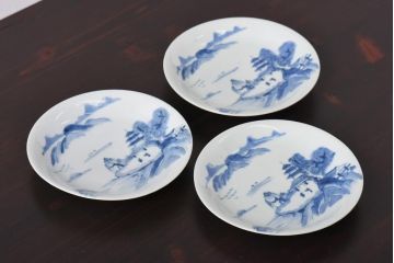 古民具・骨董　江戸期　大明年製　山水文　5寸皿3枚セット(中皿、和食器)