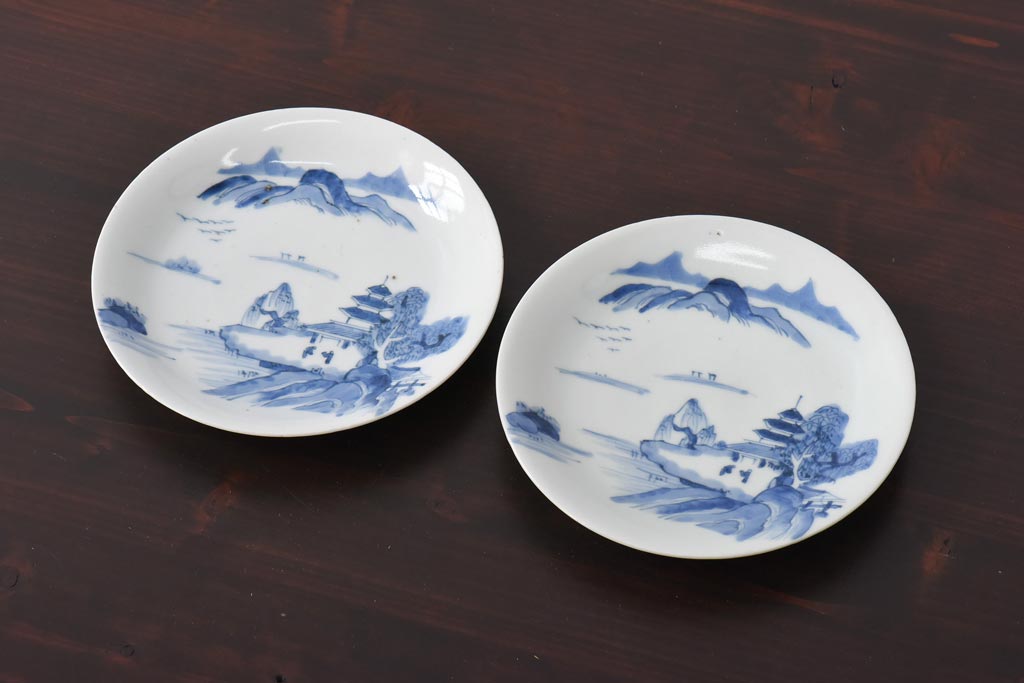 古民具・骨董　江戸期　大明年製　山水文　5寸皿2枚セット(中皿、和食器)