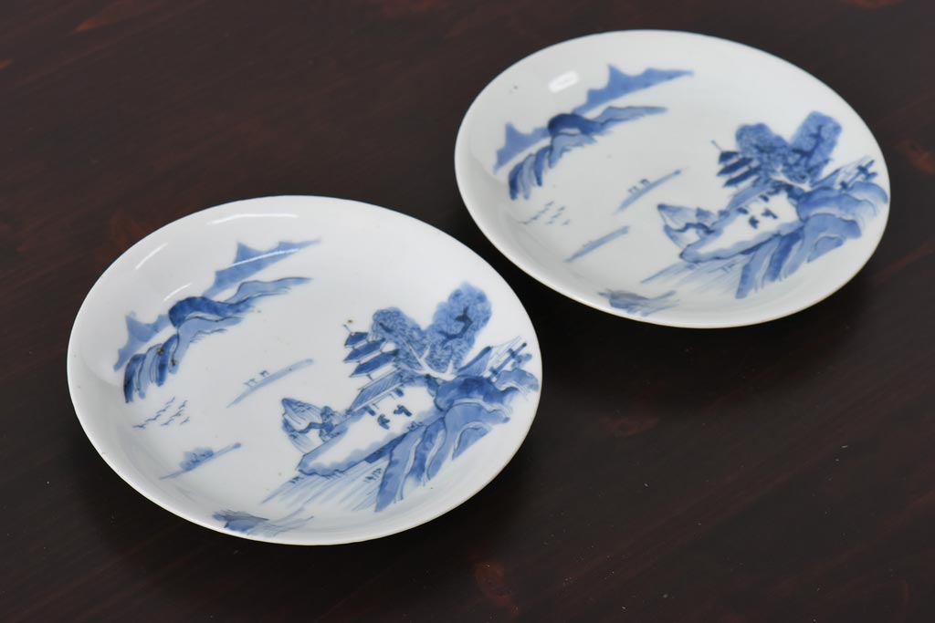 古民具・骨董　江戸期　大明年製　山水文　5寸皿2枚セット(中皿、和食器)