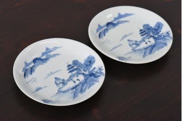 古民具・骨董　江戸期　大明年製　山水文　5寸皿2枚セット(中皿、和食器)