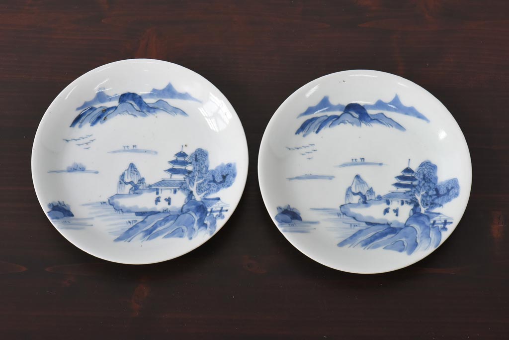 古民具・骨董　江戸期　大明年製　山水文　5寸皿2枚セット(中皿、和食器)