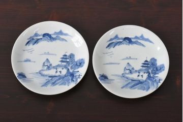 古民具・骨董　江戸期　大明年製　山水文　5寸皿2枚セット(中皿、和食器)