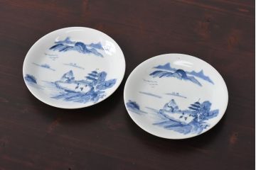 古民具・骨董　江戸期　大明年製　山水文　5寸皿2枚セット(中皿、和食器)