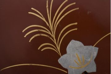 和製アンティーク　桔梗と薄の図　秋の草花が描かれた蒔絵の木皿5枚セット(中皿)