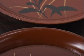 和製アンティーク　桔梗と薄の図　秋の草花が描かれた蒔絵の木皿5枚セット(中皿)