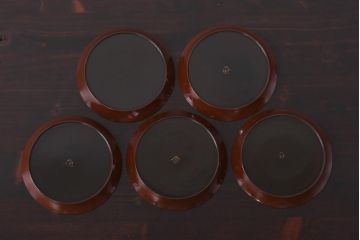 和製アンティーク　桔梗と薄の図　秋の草花が描かれた蒔絵の木皿5枚セット(中皿)