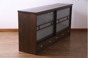 ラフジュ工房オリジナル　建具リメイク　引き出し付き　レトロなガラス入りの戸棚(収納棚、サイドボード)