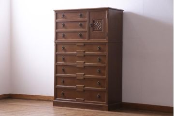 中古　神戸伝承欧風家具(洋家具)　たかねや製　ナラ・桐材　開き戸棚付きチェスト(タンス、引き出し)