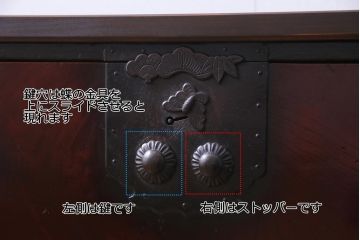 アンティーク家具　和製アンティーク　明治期　前面ケヤキ材　松竹梅に蝶のモチーフ金具が風流な二本松箪笥ローボード(時代箪笥、引き出し、ローチェスト)