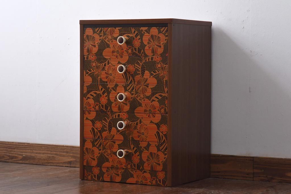 ヴィンテージ家具　日本製　レトロな花模様が目を引く合板プリントのビンテージチェスト(引き出し)