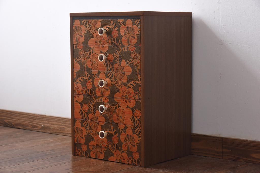 ヴィンテージ家具　日本製　レトロな花模様が目を引く合板プリントのビンテージチェスト(引き出し)