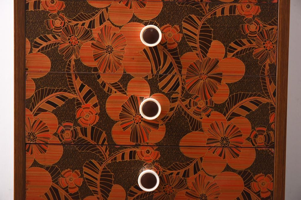 ヴィンテージ家具　日本製　レトロな花模様が目を引く合板プリントのビンテージチェスト(引き出し)