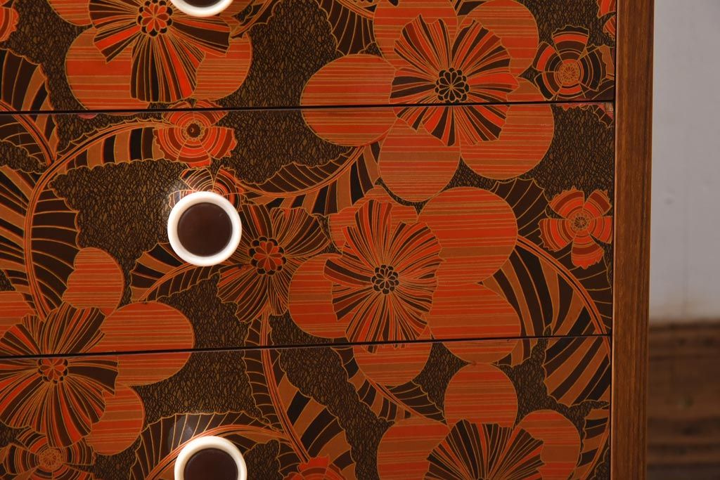 ヴィンテージ家具　日本製　レトロな花模様が目を引く合板プリントのビンテージチェスト(引き出し)