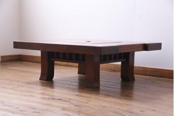 アンティーク雑貨　総ケヤキ材　堂々とした佇まいの上質な火鉢付き座卓(囲炉裏、木製火鉢、ローテーブル)