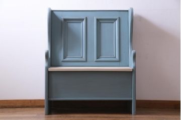 アンティーク家具　フランスアンティーク　パイン材　爽やかなペイントカラーが可愛らしい木製ベンチ(チャーチベンチ)