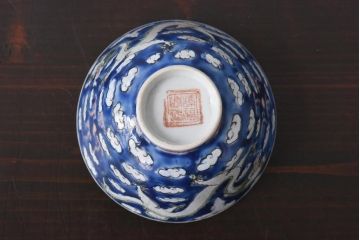 古民具・骨董　龍の図　色絵　独特な絵柄の蓋付き茶碗2客セット(和食器)(2)