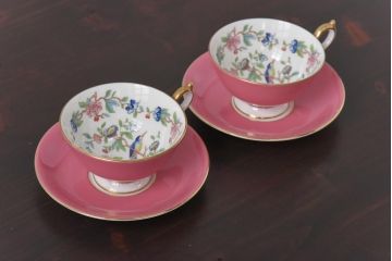 中古　AYNSLEY(エインズレイ)　Pembroke(ペンブロック)　アセンズ　ピンク　カップ&ソーサー2客セット(洋食器)