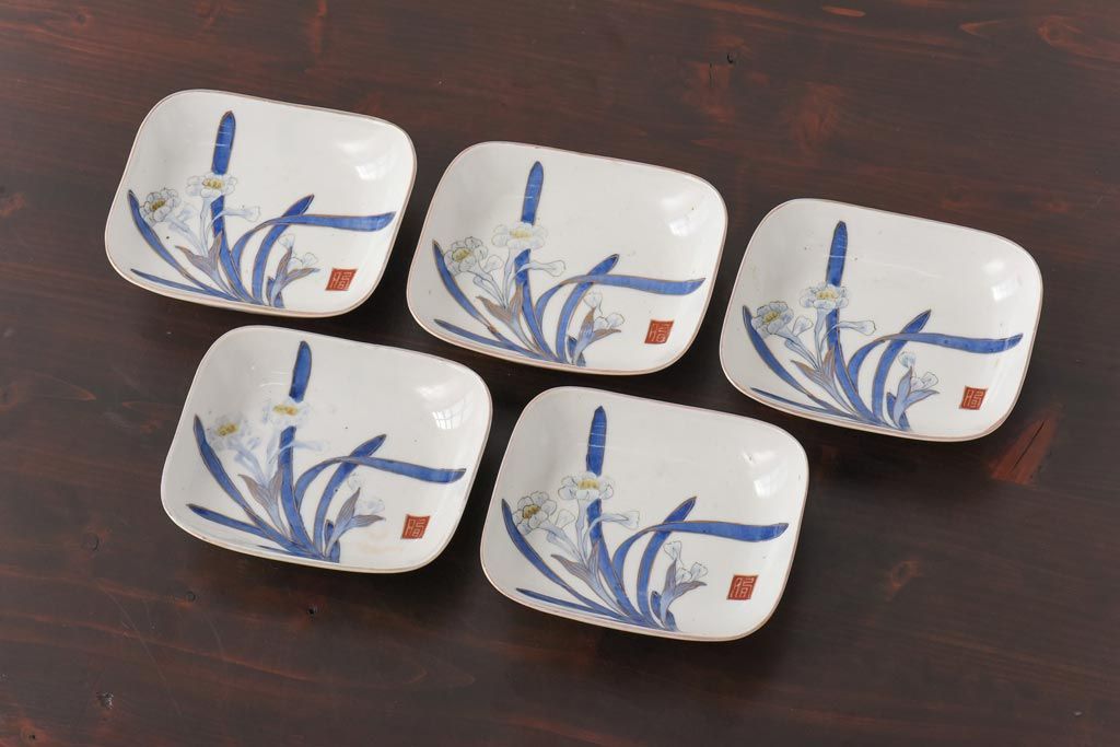 古民具　富永製　水仙図　情緒あふれる角皿5枚セット(小皿、銘々皿、和食器)
