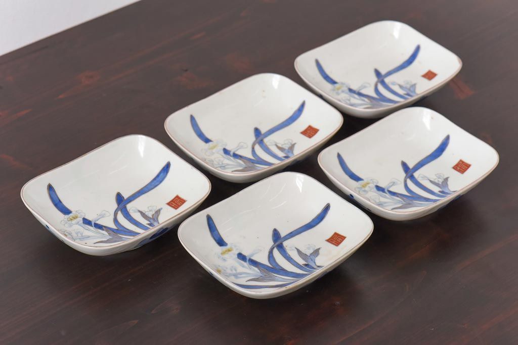 古民具　富永製　水仙図　情緒あふれる角皿5枚セット(小皿、銘々皿、和食器)